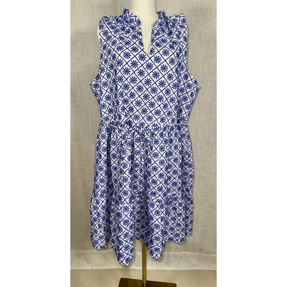 Draper James Dress 1X Women's Blue Tiered Embroidered Elastic Waist Sleeveless